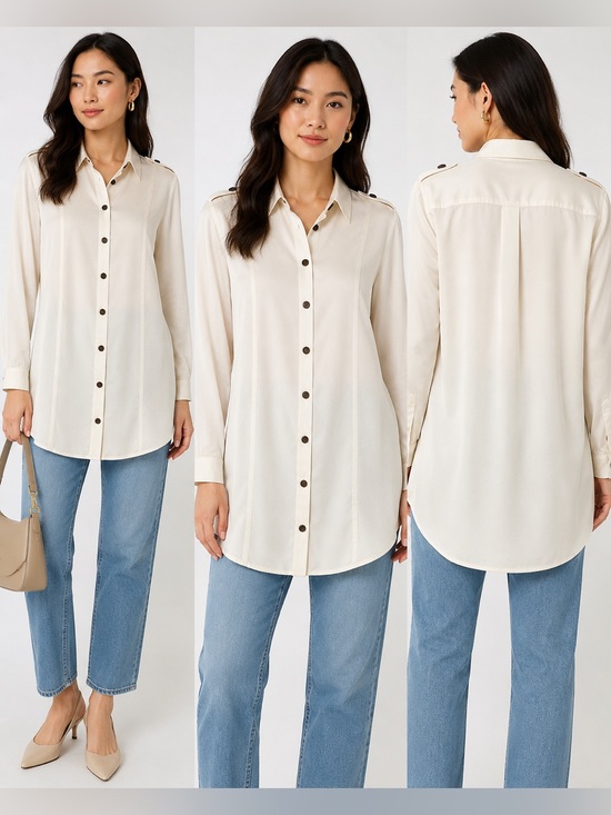 Burberry Tops - Burberry Brit 100% Silk Ivory Button Front Tunic Shirt XS Luxury Long Sleeve